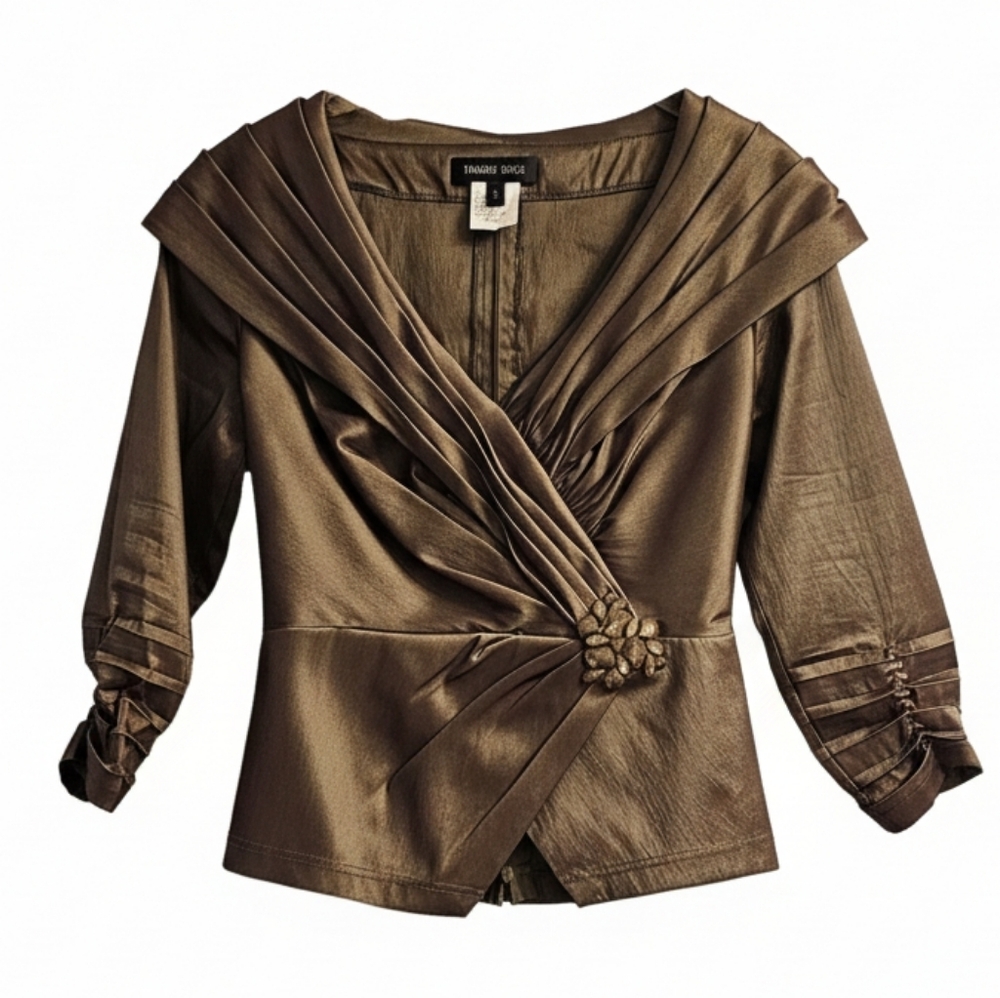 Vintage Tadashi Shoji Blouse Brown Taffeta Faux Wrap Zip Jeweled Button Size 4